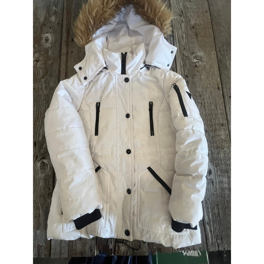Guess White Puffer Jacket Faux Fur Hood Quilted Winter Coat Women Small